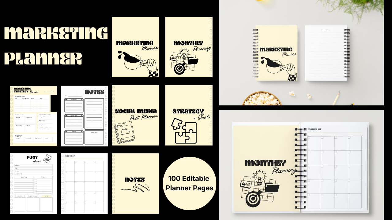 Editable Canva Marketing Planner Template | 100+ Page Business & Social Media Planner