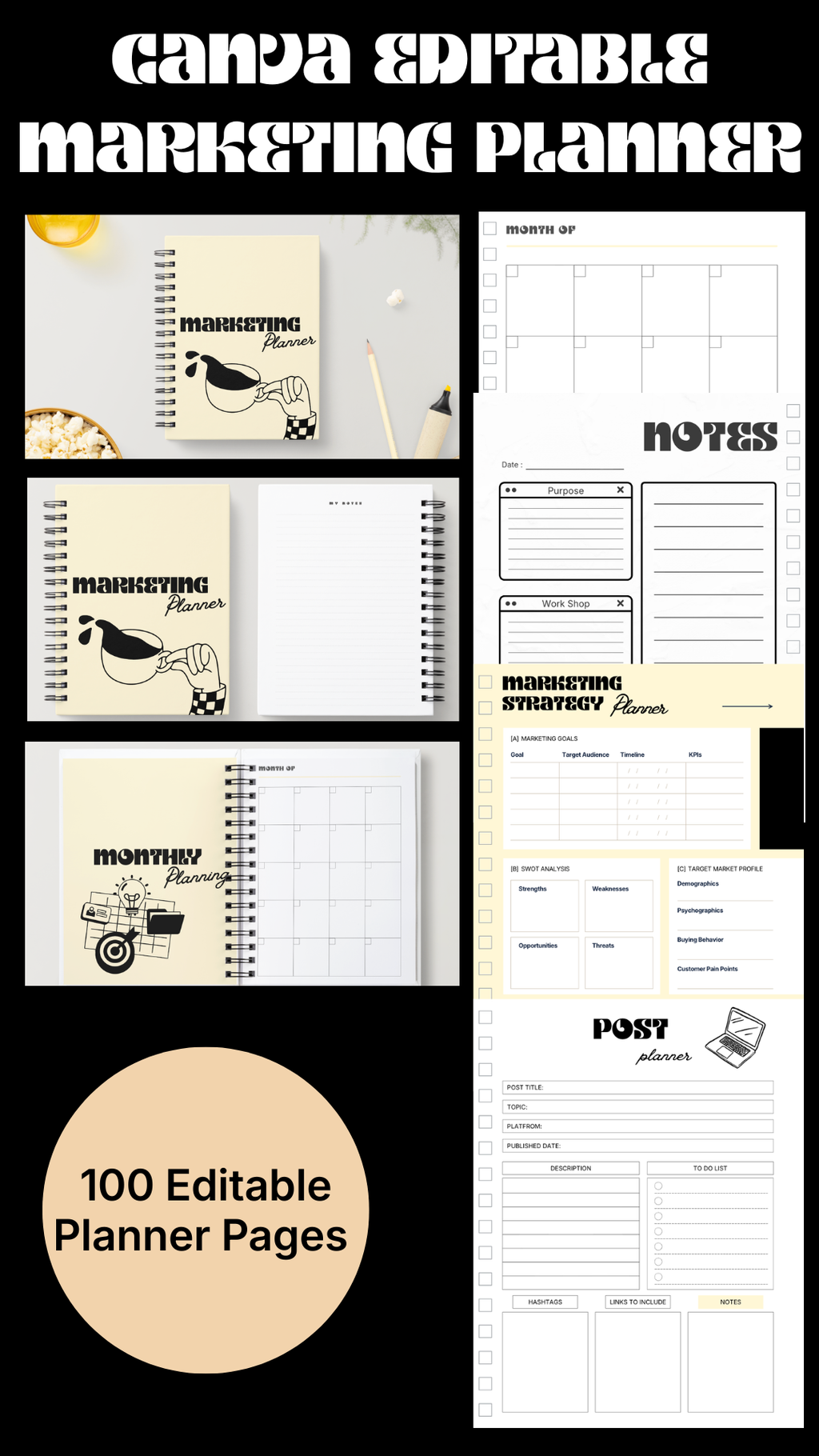 Editable Canva Marketing Planner Template | 100+ Page Business & Social Media Planner